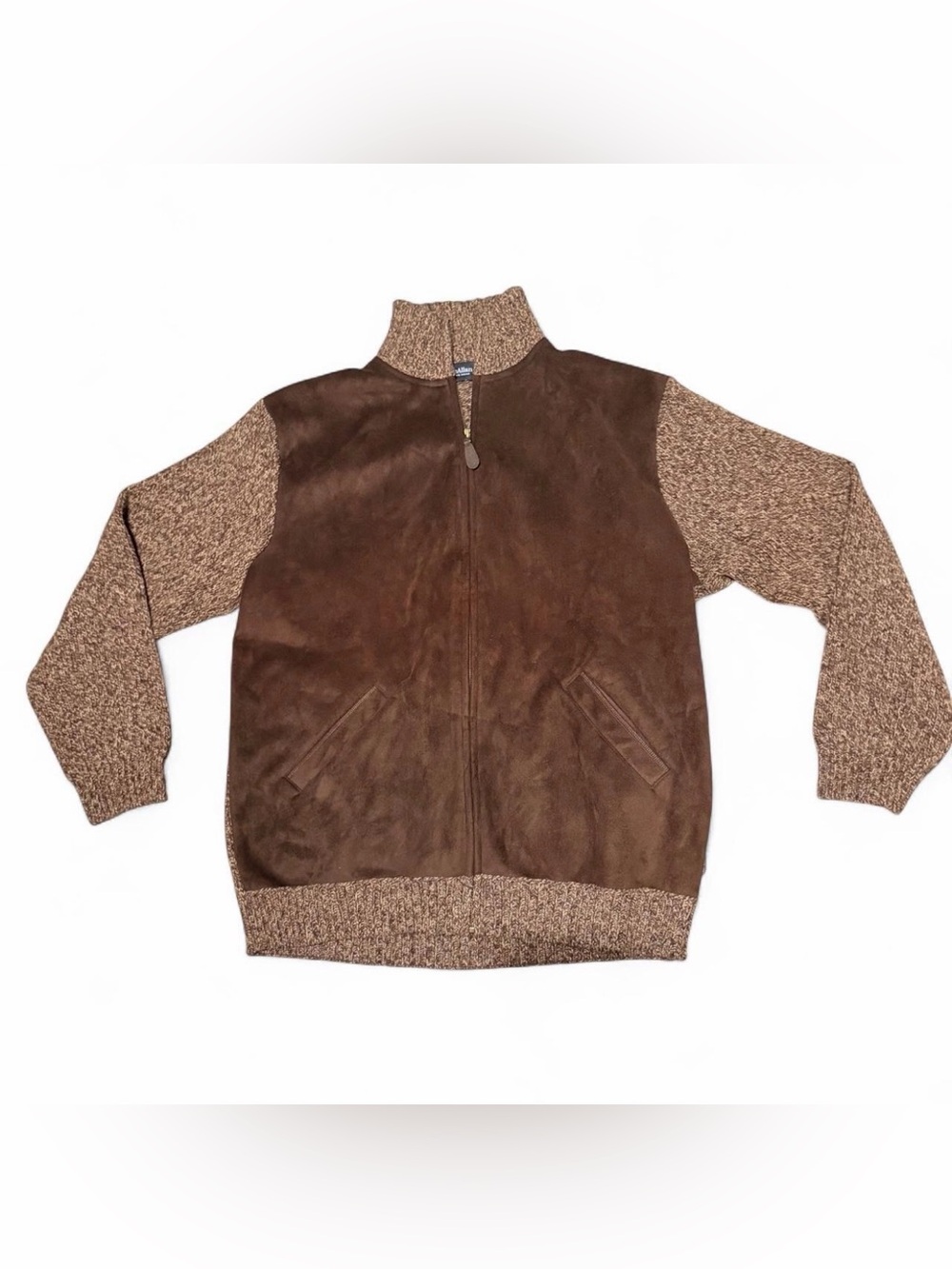 Men's Brown Suede Front Knit-Trim Zip Jacket